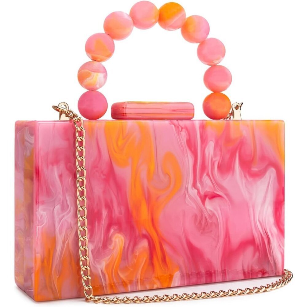 Women's Orange Acrylic Marbling Clasp Closure Formal Wedding Cross Body Clutch